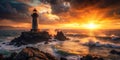 Stunning Atlantic Lighthouse at Sunset A Masterful Composition Utilizing the Rule of Thirds for Dramatic Visual Impact Royalty Free Stock Photo