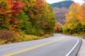 Winding mountain road through a colourful deciduous forest in autumn