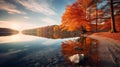 Stunning Autumn Landscape With Orange Trees By The Lake Royalty Free Stock Photo