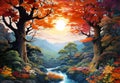 A stunning autumn landscape with a red tree, tropical mountain flowers, and a river