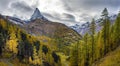 Stunning autumn scenery of famous alp peak Matterhorn. Swiss Alps, Valais Royalty Free Stock Photo