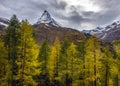 Stunning autumn scenery of famous alp peak Matterhorn. Swiss Alps, Valais Royalty Free Stock Photo