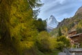 Stunning autumn scenery of famous alp peak Matterhorn. Swiss Alps, Valais Royalty Free Stock Photo