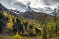 Stunning autumn scenery of famous alp peak Matterhorn. Swiss Alps, Valais Royalty Free Stock Photo