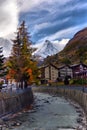 Stunning autumn scenery of famous alp peak Matterhorn. Swiss Alps