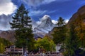 Stunning autumn scenery of famous alp peak Matterhorn. Swiss Alps