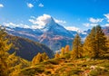 Stunning autumn scenery of famous alp peak Matterhorn. Swiss Alps, Valais, Switzerland