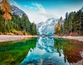 Stunning autumn view of Braies Lake. Incredible morning scene of Dolomiti Alps, Naturpark Fanes-Sennes-Prags, Italy, Europe. Beaut