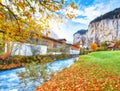 Stunning autumn view of Lauterbrunnen village with awesome waterfall  Staubbach  and Swiss Alps in the background Royalty Free Stock Photo