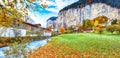 Stunning autumn view of Lauterbrunnen village with awesome waterfall  Staubbach  and Swiss Alps in the background Royalty Free Stock Photo