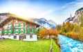 Stunning autumn view of Lauterbrunnen village with awesome waterfall  Staubbach  and Swiss Alps in the background Royalty Free Stock Photo