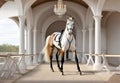 stunning background with piebald horse around architecture with columns for branding equestrian fashion clothes and product,