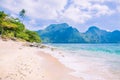 Stunning beach on Helicopter Island in the Bacuit archipelago in El Nido, Cadlao Island in Background, Palawan Royalty Free Stock Photo