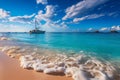 A stunning beach scene with crystal clear water, white sand, and luxury yachts in the distance.