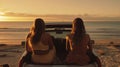 Two girls sitting on back of ute at beach Royalty Free Stock Photo