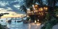 Stunning Beachfront Treehouse at Sunset Tropical Paradise Image Royalty Free Stock Photo