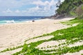 Stunning beachscape of Mahe Island in Seychelles featuring sandy beach and lush vegetation