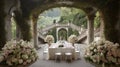 Stunning Beautiful Outdoor Wedding Venue with Rustic Charm and Elegant Floral Arch Decoration AI Generated