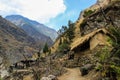 The highest pedestrian pass in the world of Thorong La. The highest mountains in the world. Mountain village among the rocks