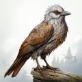 Bird On Wooden Log: Changelingcore Illustration With Caninecore And Goosepunk Elements