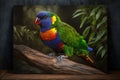 Stunning Bird Rainbow Lorikeet Full Body In Forest. Colorful and Vibrant Animal.