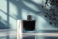 A stunning black and silver perfume bottle elegantly placed on minimalist white platforms surrounded by lush greenery Royalty Free Stock Photo
