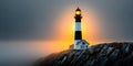 Stunning Black and White Coastal Scene Featuring an Illuminated Tower and Dusk Sky with Beacon Light Royalty Free Stock Photo