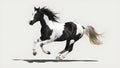A stunning black and white horse gallops gracefully against a white backdrop. Concept Black and