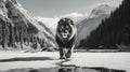 Stunning Black And White Lion Walking Through Snow