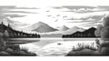 Black And White Mountain Painting With Birds At Lake George Royalty Free Stock Photo