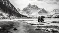 Stunning Black And White Photo: Majestic Bear In Snowy Alpine Landscape
