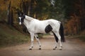 Stunning black and white pinto gelding horse on the road in autumn forest Royalty Free Stock Photo