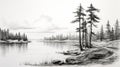 Black And White Hyperrealistic Lake Drawing With Pine Trees Royalty Free Stock Photo