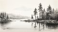Stunning Black And White Sketch: Pine Trees Along Water