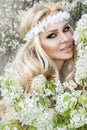 Stunning blonde natural woman swing on a swing on a tree wearing a spring dress Royalty Free Stock Photo