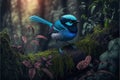 Stunning blue Fairy Wren bird in a forest, warm lighting