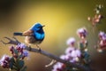 Stunning blue Fairy Wren bird in a garden, warm lighting