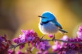 Stunning blue Fairy Wren bird in a garden, warm lighting