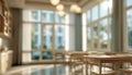 Stunning Blurred View Of Bright Classroom And Study Room With Panoramic Windows And Gorgeous Lighting In An Empty School Royalty Free Stock Photo