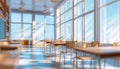 Stunning Blurred View Of Bright Classroom And Study Room With Panoramic Windows And Gorgeous Lighting In An Empty School Setting. Royalty Free Stock Photo