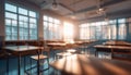 Stunning Blurred View Of Bright Classroom And Study Room With Panoramic Windows And Gorgeous Lighting In An Empty School Setting. Royalty Free Stock Photo