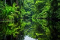 A stunning body of water is enveloped by an abundance of vibrant green trees in this picturesque landscape, The reflections of a Royalty Free Stock Photo