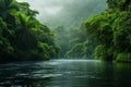 A stunning body of water is surrounded by an abundant green forest, creating a picturesque scene, River traversing through a thick