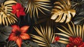 Stunning botanical design with golden tropic jungle palm leaves, exotic red flower and black and gold leaves on dark Royalty Free Stock Photo