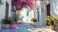 Stunning bougainvillea tree amidst greek architecture and charming stone pathway Royalty Free Stock Photo