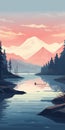 Minimalistic Sunset Lake Illustration: Tranquil Harbor Surrounded By Glaciers