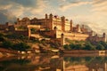 A stunning castle perched atop a hill, majestically surveying the calm waters that lay beside it, View of Amber Fort in Jaipur,