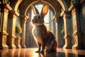 A Stunning Castor Rex Rabbit Perched on Hind Legs Displaying Grace and Elegance Amidst a Captivating Architectural Royalty Free Stock Photo