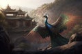 Majestic Chinese Peacock in Front of Enchanting Temple