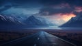 A cinematic journey through twilight, an open road slicing through snow-capped rugged mountains